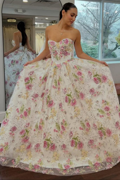 Romantic Floral Strapless Ball Gown Prom Dress with Embroidered