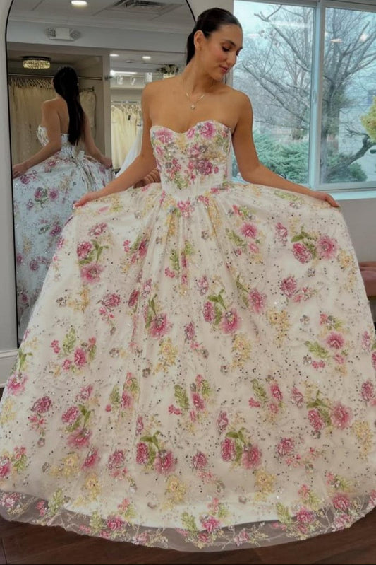Romantic Floral Strapless Ball Gown Prom Dress with Embroidered
