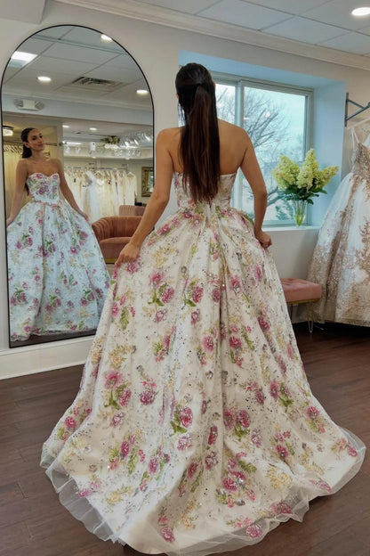 Romantic Floral Strapless Ball Gown Prom Dress with Embroidered