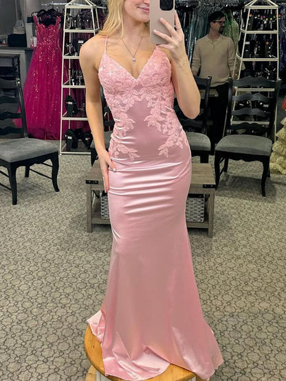 Romantic Light Pink Satin Prom Dress with Floral Lace Appliqués