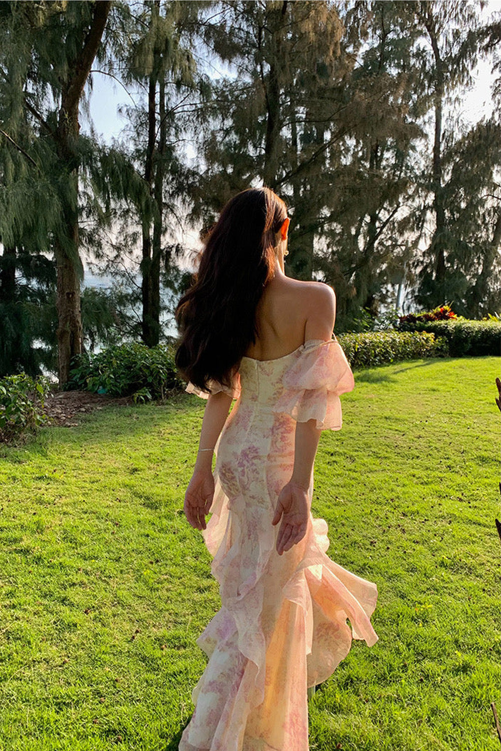 Romantic Off-Shoulder Ruffle Maxi Dress Floral Prom Dress