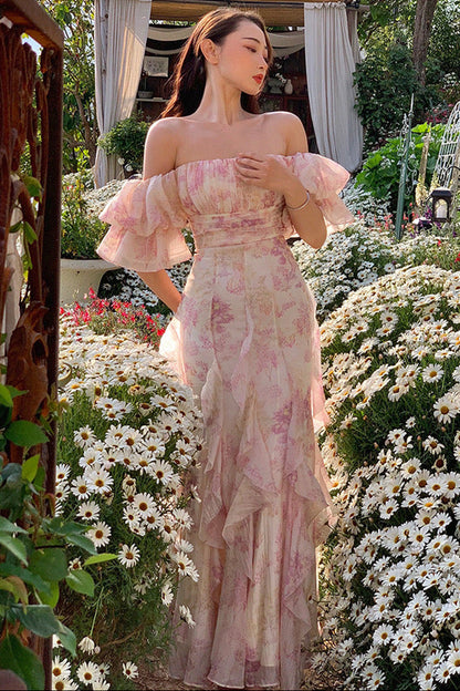 Romantic Off-Shoulder Ruffle Maxi Dress Floral Prom Dress