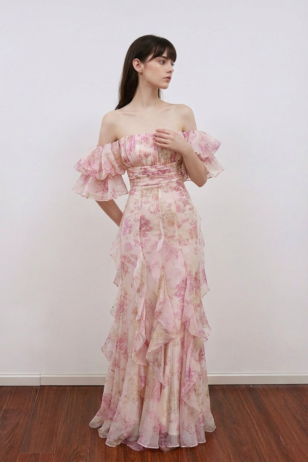 Romantic Off-Shoulder Ruffle Maxi Dress Floral Prom Dress