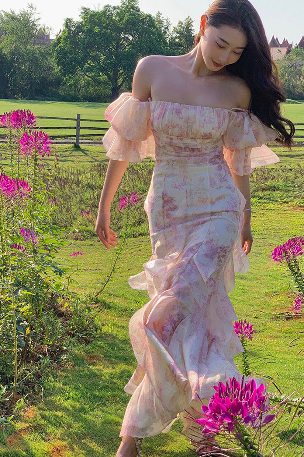 Romantic Off-Shoulder Ruffle Maxi Dress Floral Prom Dress