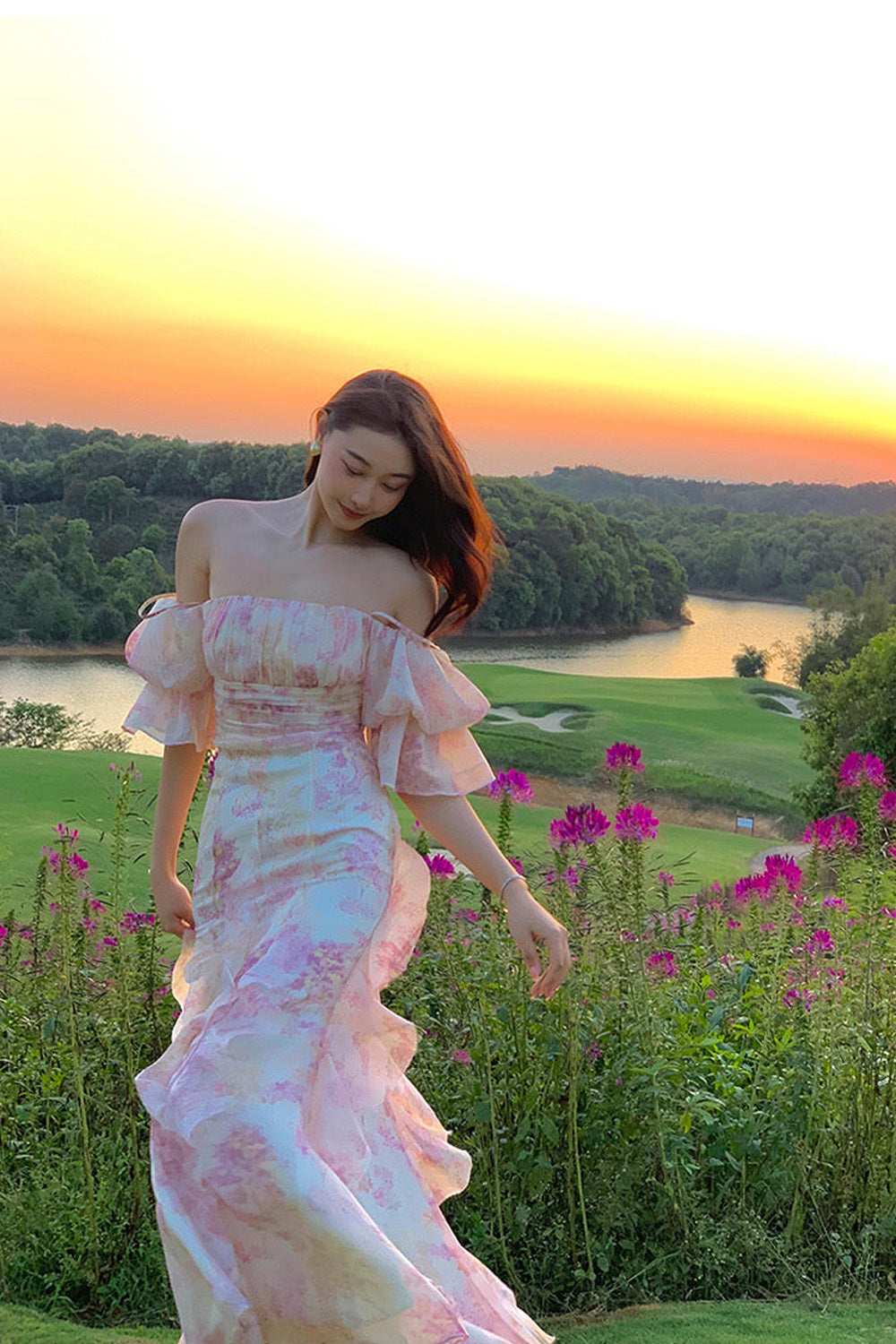 Romantic Off-Shoulder Ruffle Maxi Dress Floral Prom Dress