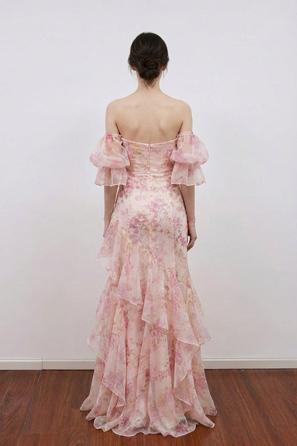 Romantic Off-Shoulder Ruffle Maxi Dress Floral Prom Dress