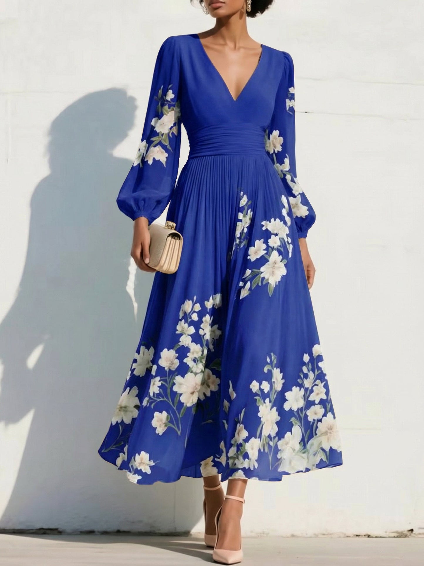 V-Neck Print-Chiffon Pleated Tea-Length Mother of the Bride Dress