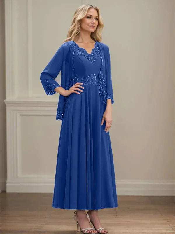 A-line V-Neck Ankle-Length Chiffon Mother of the Bride Dress