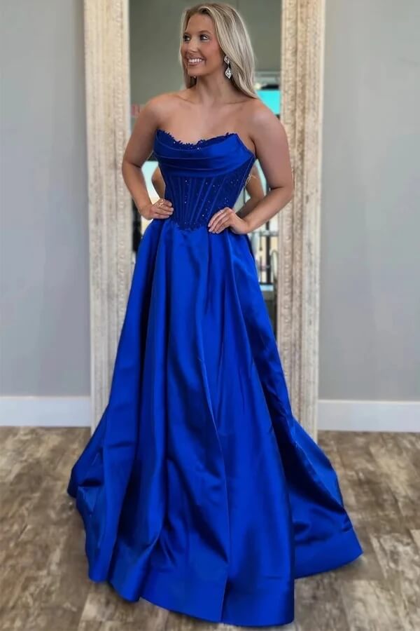 Royal Blue Satin A Line Strapless Scoop Pleated Prom Dress