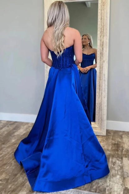 Royal Blue Satin A Line Strapless Scoop Pleated Prom Dress