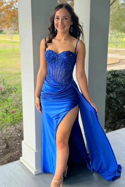 Satin Mermaid Spaghetti Straps Sweetheart Pleated Prom Dress