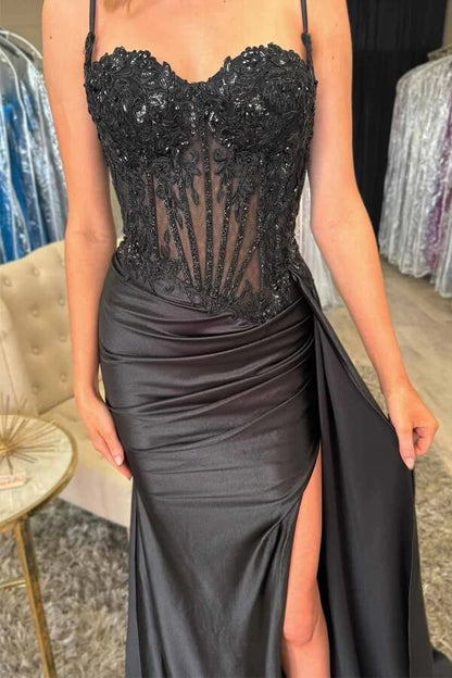 Satin Mermaid Spaghetti Straps Sweetheart Pleated Prom Dress