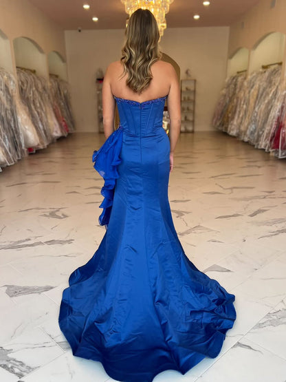 Royal Blue Strapless Satin Ruffled Long Corset Prom Dress with Slit