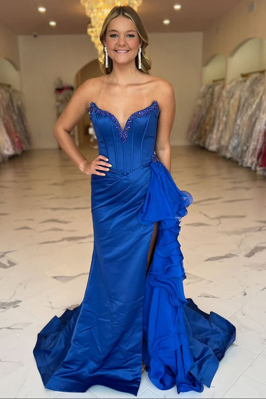 Royal Blue Strapless Satin Ruffled Long Corset Prom Dress with Slit