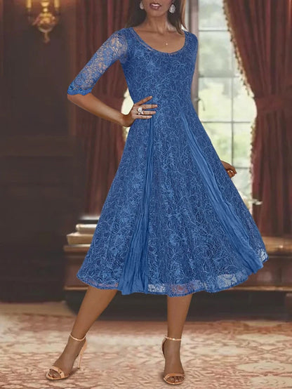 A-Line Scoop Half Sleeves Tea-Length Mother of the Bride Dress