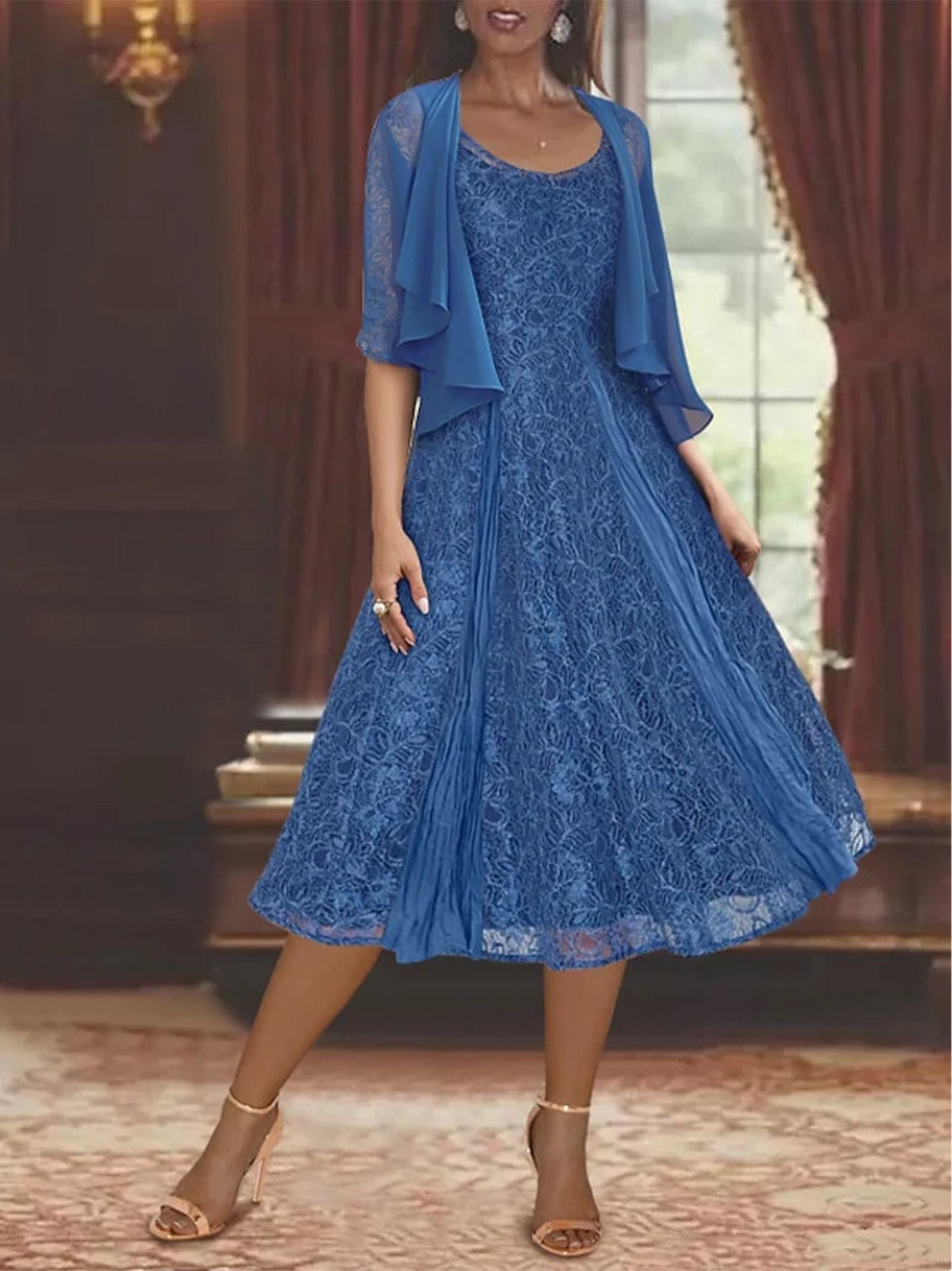 A-Line Scoop Half Sleeves Tea-Length Mother of the Bride Dress