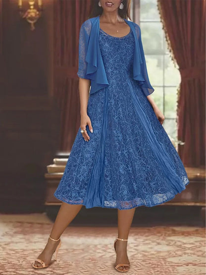 A-Line Scoop Half Sleeves Tea-Length Mother of the Bride Dress