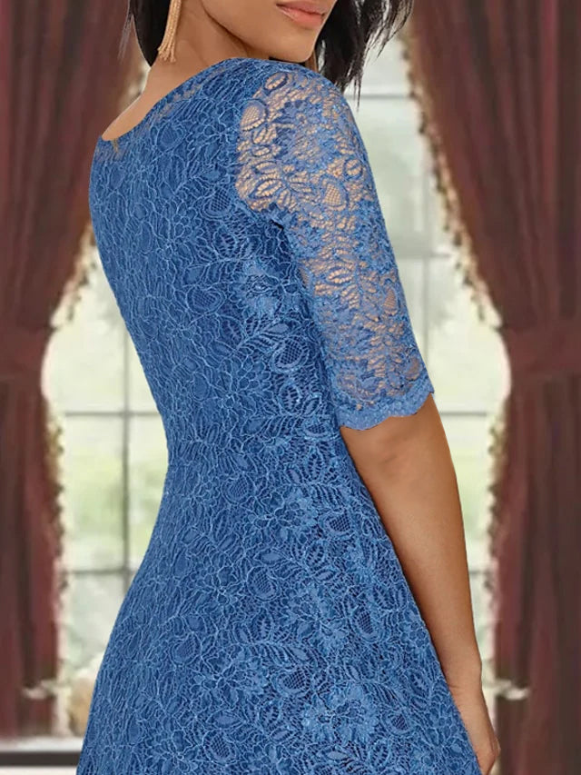 A-Line Scoop Half Sleeves Tea-Length Mother of the Bride Dress