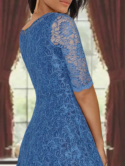 A-Line Scoop Half Sleeves Tea-Length Mother of the Bride Dress