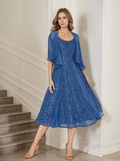 A-Line Scoop Half Sleeves Tea-Length Mother of the Bride Dress