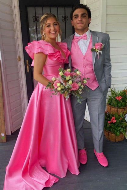 V-Neck Sleeveless Pleated Chiffon Ruffle Simple A-line Prom Dress