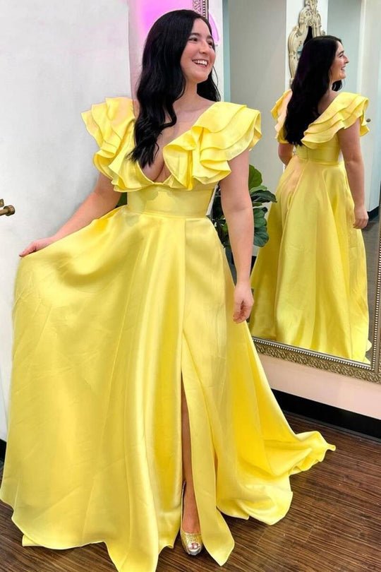 V-Neck Sleeveless Pleated Chiffon Ruffle Simple A-line Prom Dress