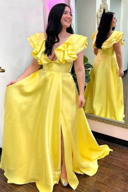 V-Neck Sleeveless Pleated Chiffon Ruffle Simple A-line Prom Dress