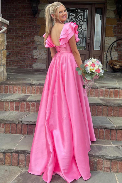 V-Neck Sleeveless Pleated Chiffon Ruffle Simple A-line Prom Dress