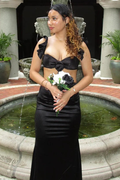 Ruffle Straps Satin Mermaid Two Piece Party Prom Dress