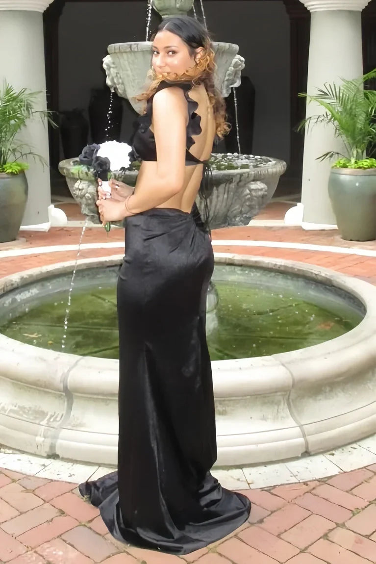 Ruffle Straps Satin Mermaid Two Piece Party Prom Dress