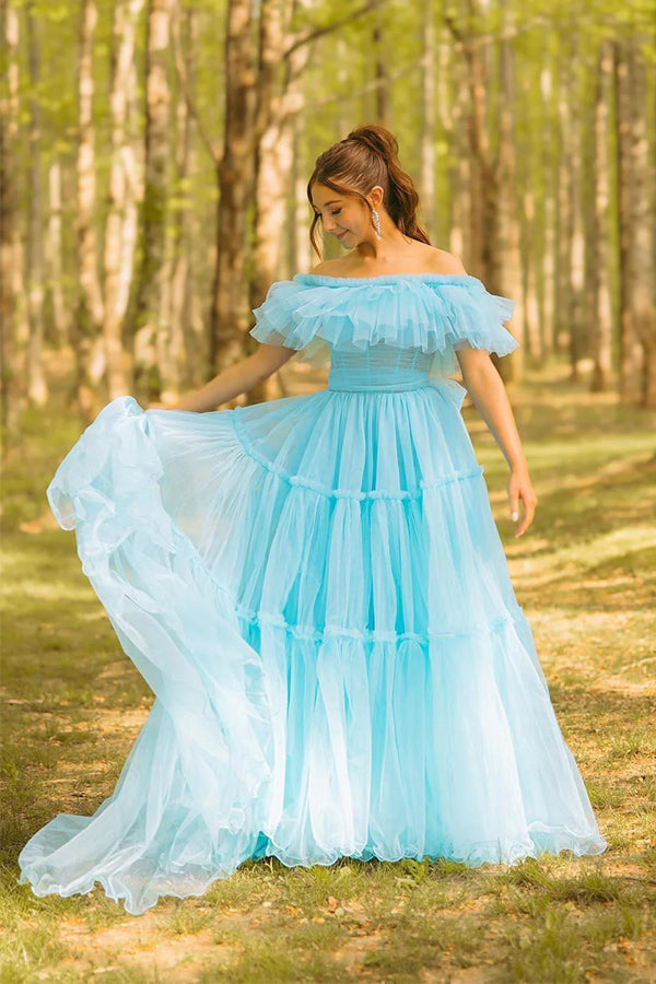 Ruffles Off the Shoulder Corset A-line Blue Prom Dress