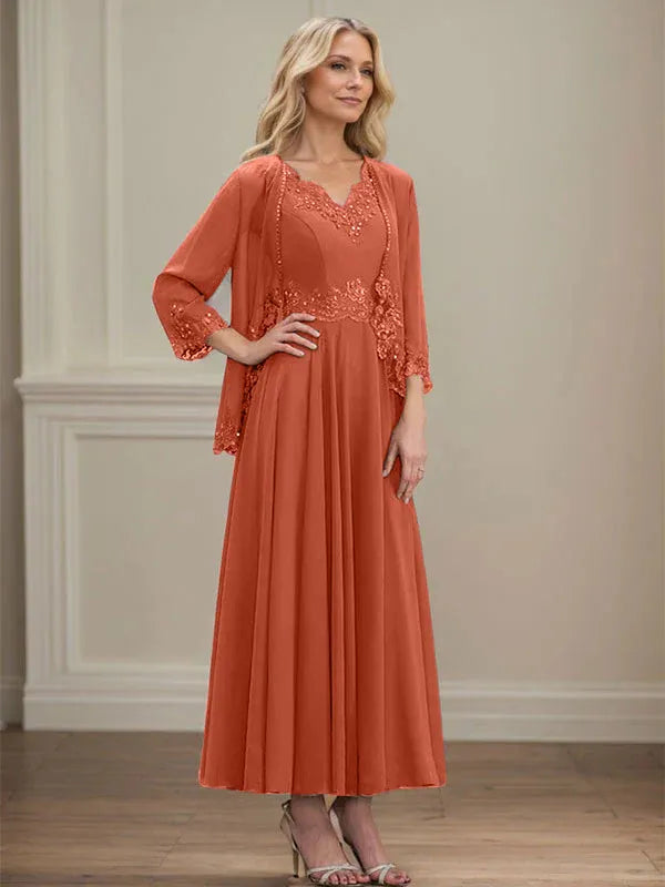 A-line V-Neck Ankle-Length Chiffon Mother of the Bride Dress