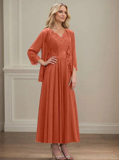 A-line V-Neck Ankle-Length Chiffon Mother of the Bride Dress