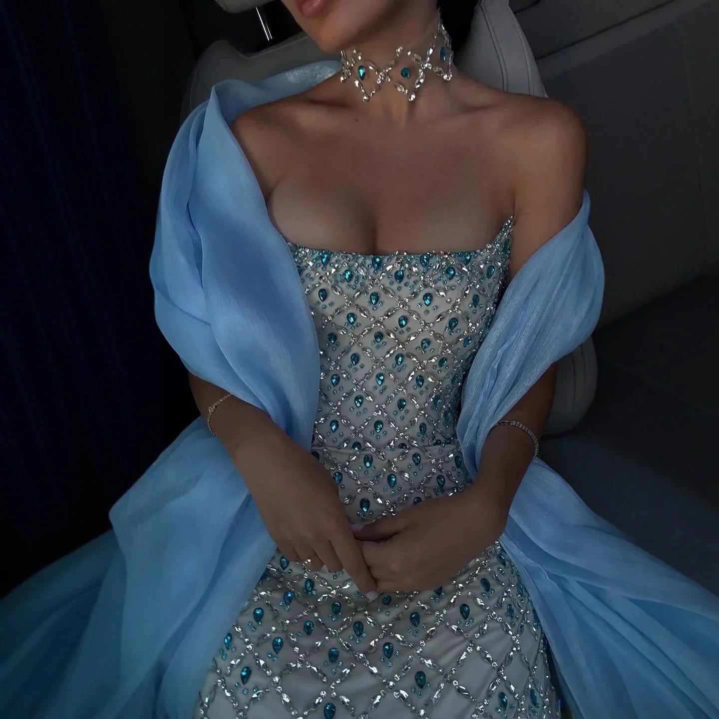 Luxury Blue Diamond Evening Dress with Cape