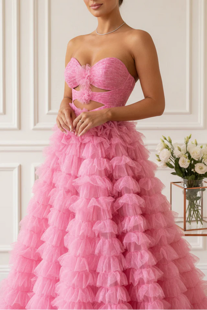 Hot Pink Strapless Prom Dress Keyhole Ruffle Tiered Design