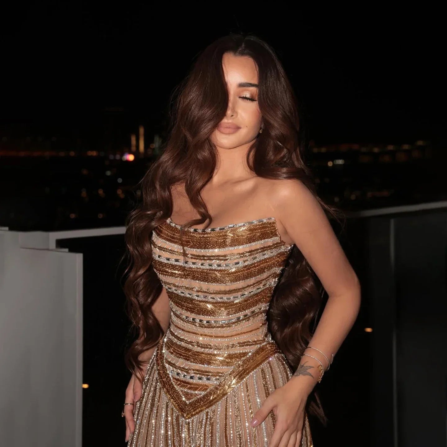 Luxury Caramel Beaded Arabic A-Line Corset Evening Dress