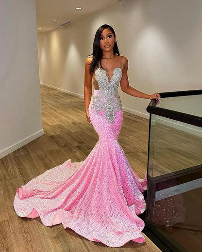 Luxury Pink Sequined Mermaid Crystal Prom Dress