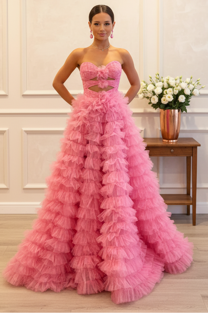 Hot Pink Strapless Prom Dress Keyhole Ruffle Tiered Design
