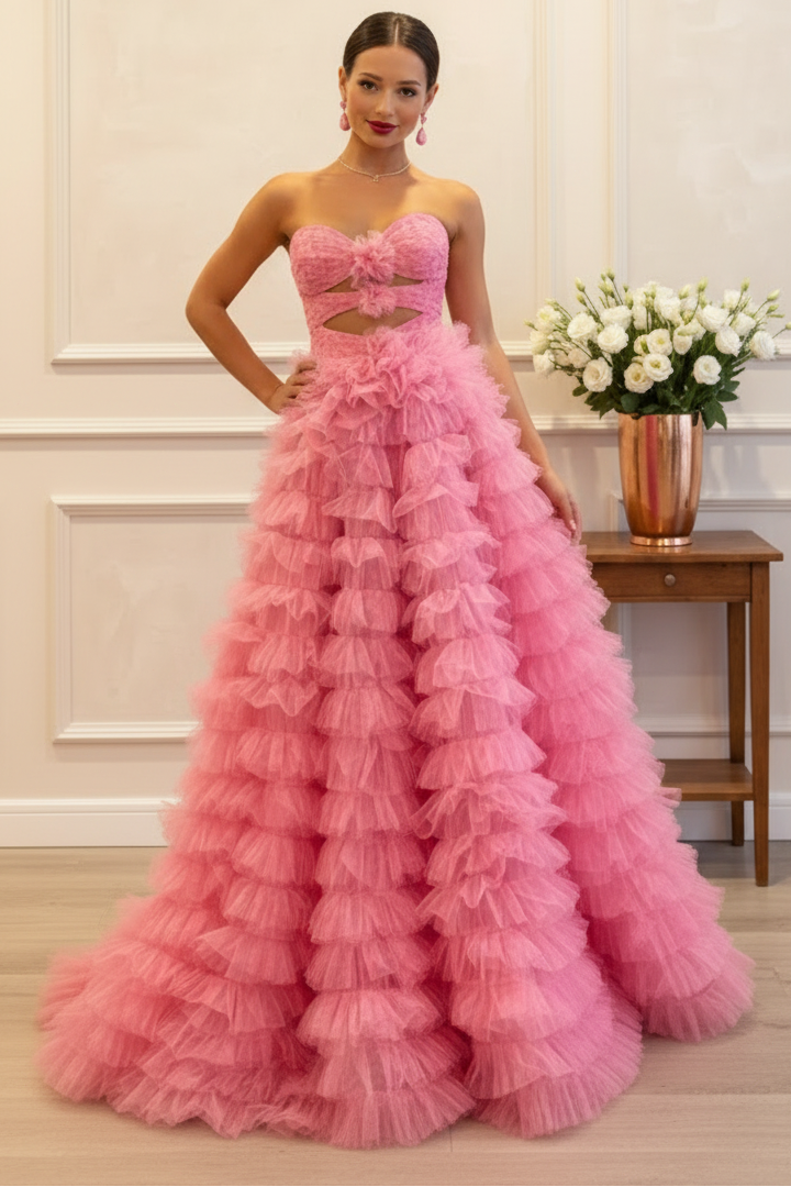 Hot Pink Strapless Prom Dress Keyhole Ruffle Tiered Design