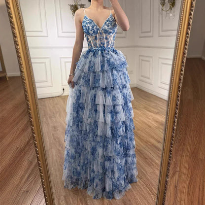 V-Neck Spaghetti Straps Sleeveless Print-Tulle Floor-Length Tiered A-Line Prom Dress