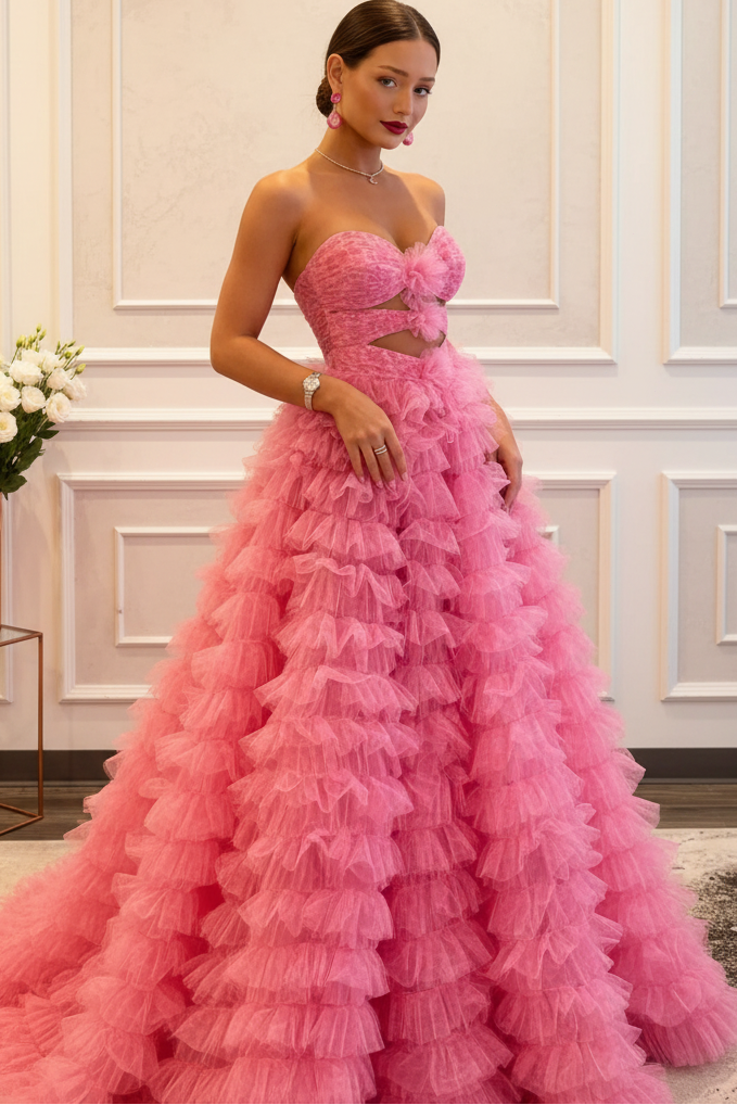 Hot Pink Strapless Prom Dress Keyhole Ruffle Tiered Design