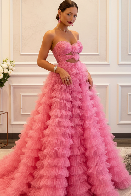 Hot Pink Strapless Prom Dress Keyhole Ruffle Tiered Design