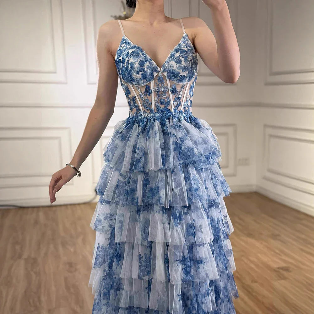 V-Neck Spaghetti Straps Sleeveless Print-Tulle Floor-Length Tiered A-Line Prom Dress