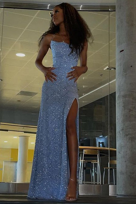 Mermaid Spaghetti Straps Sequin Slit Blue Long Prom Dresses Party Dress