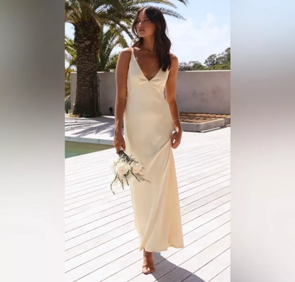 Pretty Mermaid V Neckline Long Yellow Satin Party Dresses Prom Dresses