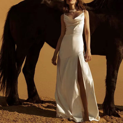 Gorgeous Mermaid Spaghetti Straps Floor-length White Slit Evening Dress Prom Dresses