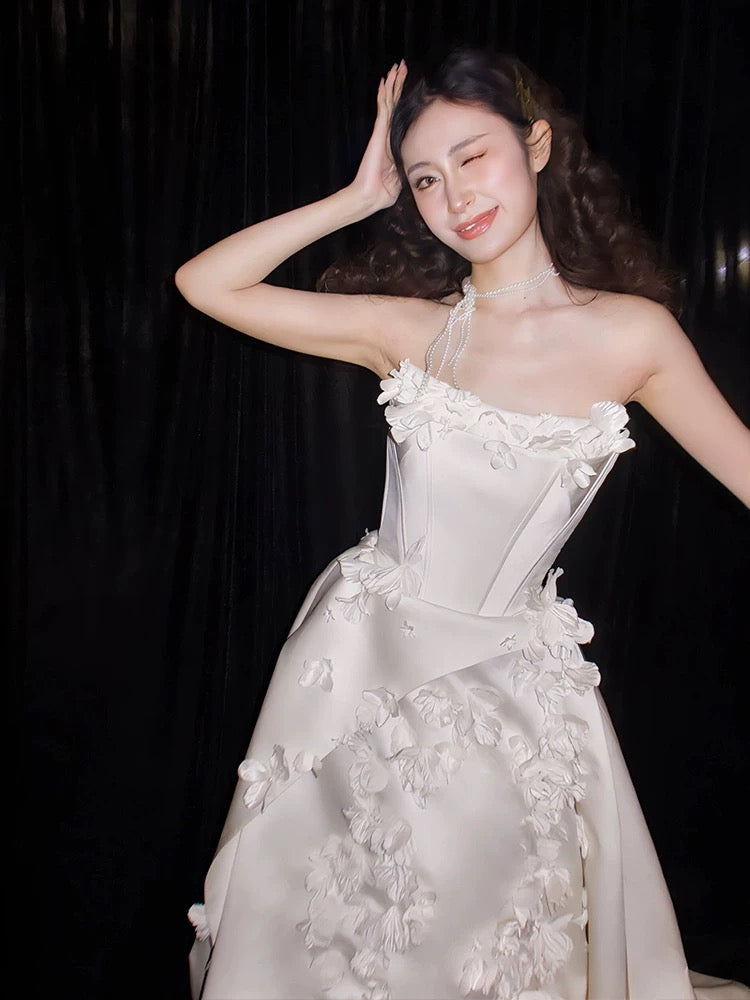 Unique Ball Gown Strapless Neckline Long White Satin Floral Wedding Dress