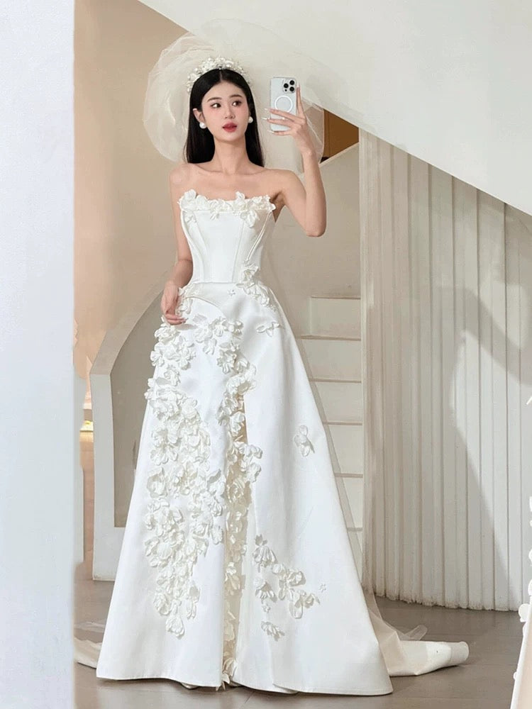Unique Ball Gown Strapless Neckline Long White Satin Floral Wedding Dress