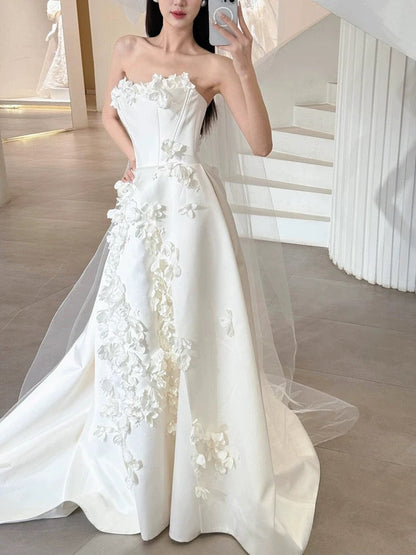 Unique Ball Gown Strapless Neckline Long White Satin Floral Wedding Dress