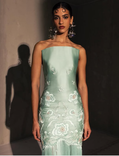 Fancy Mermaid Strapless Neckline Green Satin Long Prom Dress